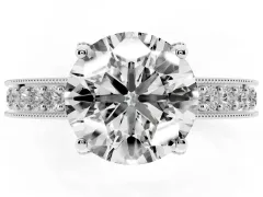 Round Cut Diamond Solitaire Ring Set in Platinum with Milgrain-Edged Pavé Band and Prong Setting