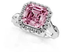 Fancy Pink Asscher Cut Diamond Halo Twist Band Solitaire Ring Set in Silver with Prong Setting
