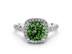 Fancy Green Cushion Cut Diamond Halo Engagement Ring Set in Platinum with Pavé Band and Prong-Set Center