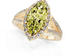 Fancy Yellow Marquise Cut Diamond Halo Split Shank Pavé Ring Set in Yellow gold with Prong Setting