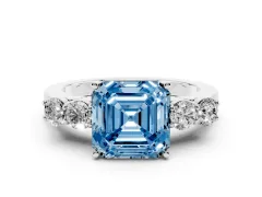 Fancy Blue Asscher Cut Diamond Five-Stone Prong Set Band Ring Set in White gold with Polished Band