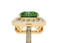 Fancy Green Radiant Cut Diamond Halo Ring Set in Yellow gold with Accent-Lined Split Shank and Prong Setting
