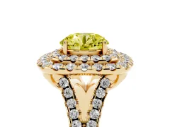 Fancy Yellow Round Cut Diamond Double Halo Ring Set in Yellow gold with Pavé Split Shank and Prong Setting