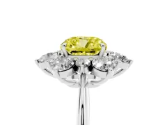 Fancy Yellow Cushion Cut Diamond Cluster Halo Ring Set in White gold with Solitaire Band and Prong Setting