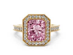 Fancy Pink Radiant Cut Diamond Halo Milgrain Pavé Band Ring Set in Yellow gold with Prong Setting