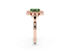 Fancy Green Emerald Cut Diamond Cluster Halo Ring Set in Rose gold with Milgrain Bezel Accents and Plain Band
