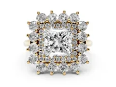 Princess Cut Diamond Floral Double Halo Ring Set in Yellow gold with Round Petals