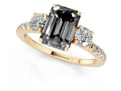 Fancy Black Emerald Cut Diamond Three-Stone Ring Set in Yellow gold with Pavé Band and Graduated Sides