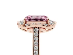 Fancy Pink Emerald Cut Diamond Halo Ring Set in Rose gold with Pavé-Lined Shoulders and Prong Setting
