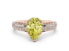 Fancy Yellow Pear Cut Diamond Solitaire Ring Set in Rose gold with Multi-Row Round Pavé Band and Prong Setting