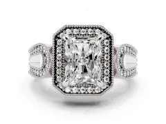 Radiant Cut Diamond Halo Ring Set in White gold with Milgrain Accent Split Shank