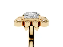 Cushion Cut Diamond Cluster Halo Ring Set in Yellow gold with Milgrain Bezel Accents and Plain Band