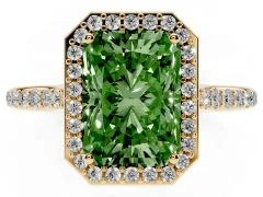 Fancy Green Radiant Cut Diamond Halo Engagement Ring Set in Yellow gold with Round Pavé Shoulders and Heart Gallery