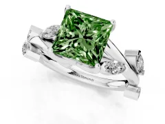 Fancy Green Princess Cut Diamond Solitaire Ring Set in White gold with Twisted Marquise Accent Band