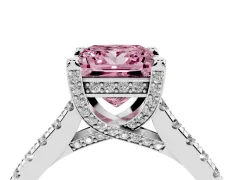 Fancy Pink Princess Cut Diamond Solitaire Ring Set in Platinum with Brilliant Pavé Band and Prong Setting