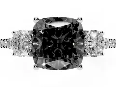 Fancy Black Cushion Cut Diamond Three-Stone Ring Set in White gold with Pavé Band and Graduated Sides