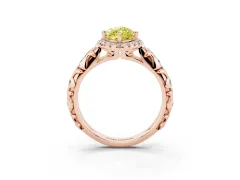 Fancy Yellow Marquise Cut Diamond Halo Ring Set in Rose gold with Filigree Leaf Band and Prong Setting