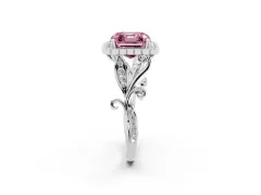 Fancy Pink Asscher Cut Diamond Halo Ring Set in Platinum with Leaf Motif Split Shank and Prong Setting