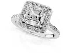 Asscher Cut Diamond Halo Engagement Ring Set in Silver with Round Pavé Shoulders and Heart Gallery