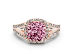 Fancy Pink Cushion Cut Diamond Halo Split Shank Pavé Ring Set in Rose gold with Prong Setting