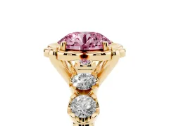 Fancy Pink Round Cut Diamond Floral Halo Ring Set in Yellow gold with Shared Prong Band