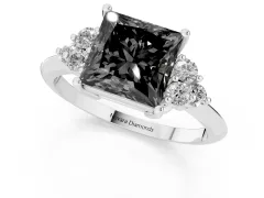 Fancy Black Princess Cut Diamond Cluster Ring Set in Silver with Plain Band and Prong Setting