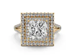 Princess Cut Diamond Double Halo Ring Set in Yellow gold with Pavé Band