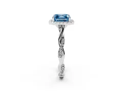 Fancy Blue Asscher Cut Diamond Halo Twist Band Solitaire Ring Set in White gold with Prong Setting