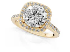 Round Cut Diamond Halo Engagement Ring Set in Yellow gold with Round Pavé Shoulders and Heart Gallery