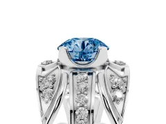 Fancy Blue Round Cut Diamond Art Deco Ring Set in White gold with Pavé Split Shank