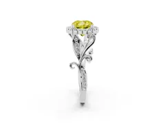 Fancy Yellow Cushion Cut Diamond Halo Ring Set in White gold with Leaf Motif Split Shank and Prong Setting