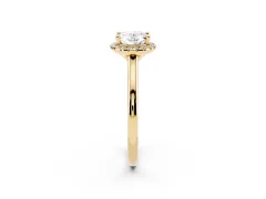 Oval Cut Diamond Halo Engagement Ring Set in Yellow gold with Pavé Band and Rising Shoulders