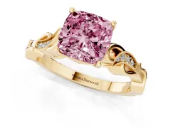 Fancy Pink Cushion Cut Diamond Vine Band Solitaire Ring Set in Yellow gold with Milgrain Prong Setting