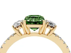 Fancy Green Emerald Cut Diamond Three-Stone Ring Set in Yellow gold with Pavé Band and Graduated Sides