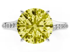 Fancy Yellow Round Cut Diamond Solitaire Ring Set in White gold with Pavé Accent Band and Classic Prong Setting