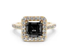 Fancy Black Asscher Cut Diamond Halo Engagement Ring Set in Yellow gold with Round Pavé Shoulders and Heart Gallery