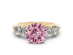 Fancy Pink Round Cut Diamond Five-Stone Prong Set Ring Set in Yellow gold with Classic Band