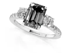 Fancy Black Emerald Cut Diamond Three-Stone Ring Set in Platinum with Pavé Band and Graduated Sides