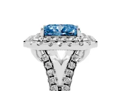 Fancy Blue Radiant Cut Diamond Double Halo Ring Set in Silver with Pavé Split Shank and Prong Setting