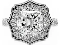 Princess Cut Diamond Halo Engagement Ring Set in Platinum with Milgrain Band and Prong Setting
