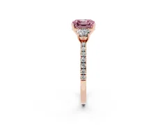 Fancy Pink Asscher Cut Diamond Three-Stone Ring Set in Rose gold with Pavé Band and Graduated Sides