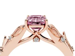 Fancy Pink Emerald Cut Diamond Solitaire Ring Set in Rose gold with Leaf Motif Band