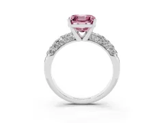 Fancy Pink Asscher Cut Diamond Pavé Band Solitaire Ring Set in Platinum with Close-Set Accent Stones and Prong Setting