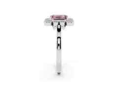Fancy Pink Emerald Cut Diamond Cluster Halo Ring Set in Silver with Milgrain Bezel Accents and Plain Band