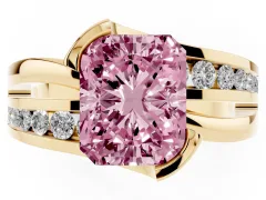 Fancy Pink Radiant Cut Diamond Solitaire Ring Set in Yellow gold with Channel Set Split Shank and Tension Prongs