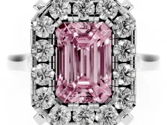 Fancy Pink Emerald Cut Diamond Cluster Halo Solitaire Ring Set in Silver with Prong Setting