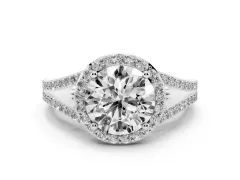 Round Cut Diamond Halo Split Shank Ring Set in Silver with Accent Stones and Prong Setting
