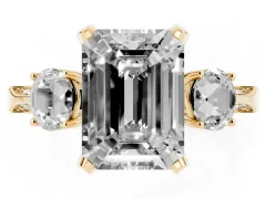 Fancy Pink Emerald Cut Diamond Three-Stone Ring Set in Yellow gold with Pavé Band and Smaller Side Stones