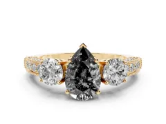 Fancy Black Pear Cut Diamond Three-Stone Ring Set in Yellow gold with Round Side Stones and Pavé Band