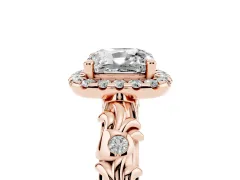 Cushion Cut Diamond Halo Ring Set in Rose gold with Filigree Leaf Band and Prong Setting